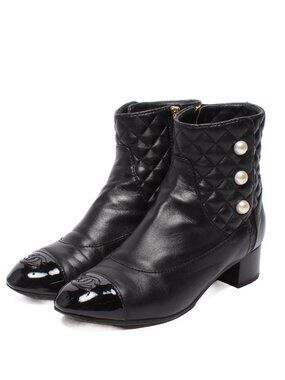 Chanel Short Boots Side Zipper Pearl Quilted Gold